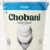 Chobani Plain Greek Yogurt container with nutritional info and spoon image.