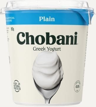 Chobani Plain Greek Yogurt container with nutritional info and spoon image.