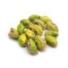 Cluster of unshelled pistachios on a white background, showing green and purple hues.