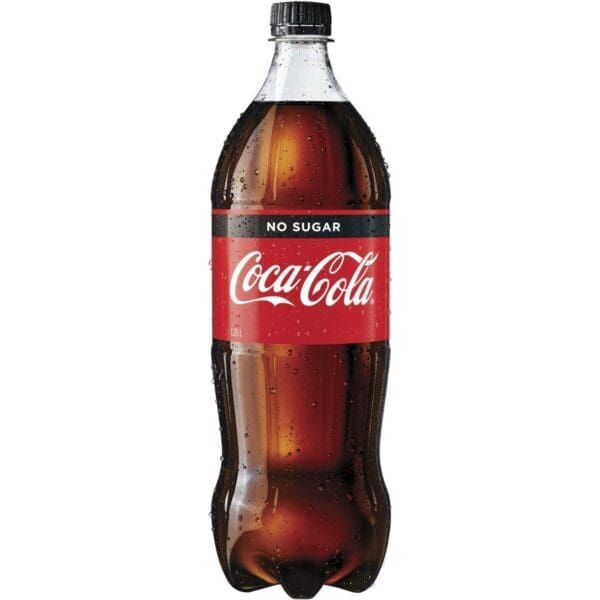 Coca-Cola No Sugar 1.25L bottle with red/black label and surface condensation.