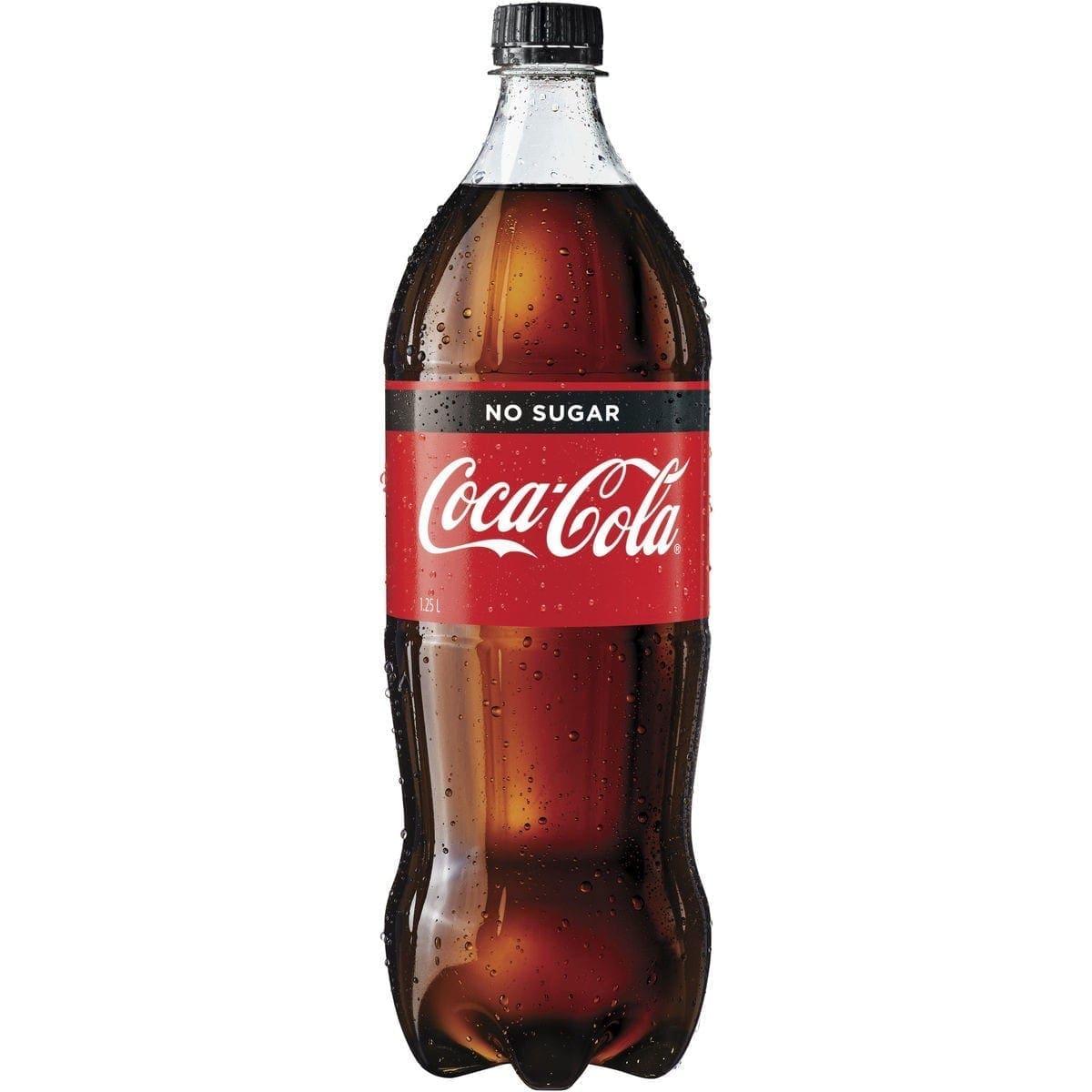 Coca-Cola No Sugar 1.25L bottle with red/black label and surface condensation.