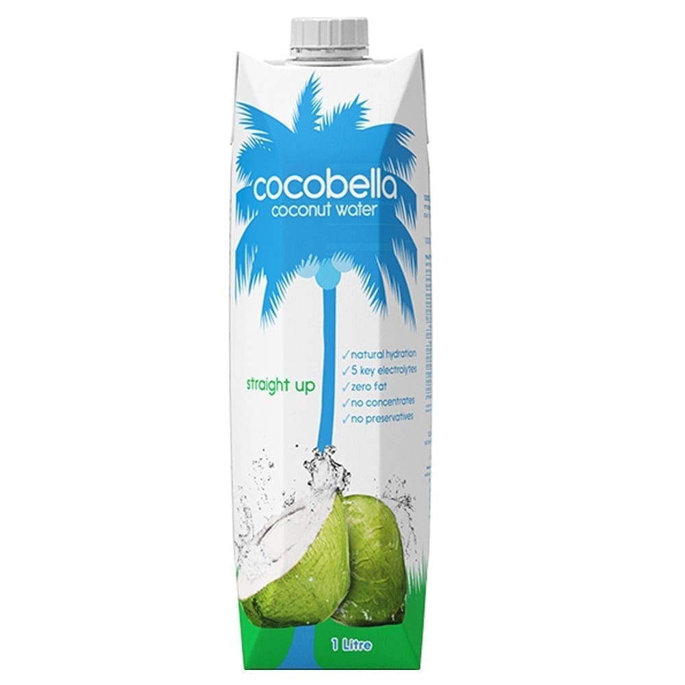 1-liter Cocobella coconut water carton with blue palm design and coconut splash image.