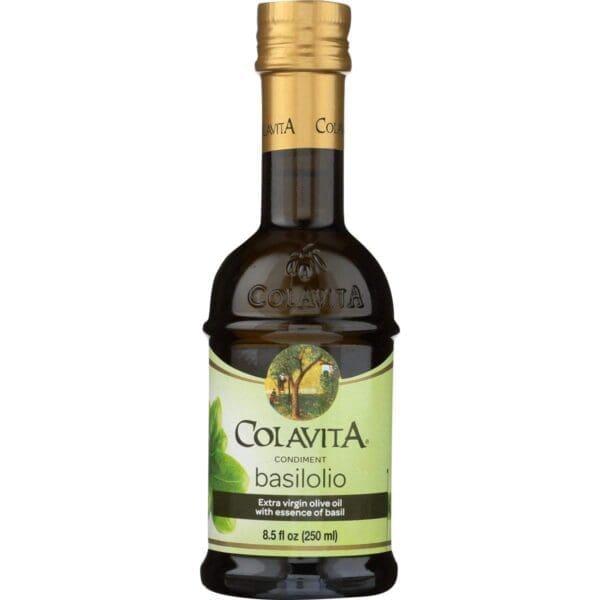 Colavita Basilolio bottle, extra virgin olive oil with basil essence, 250 ml, gold cap.