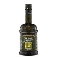 Dark glass bottle of Colavita Extra Virgin Olive Oil with green and yellow label.