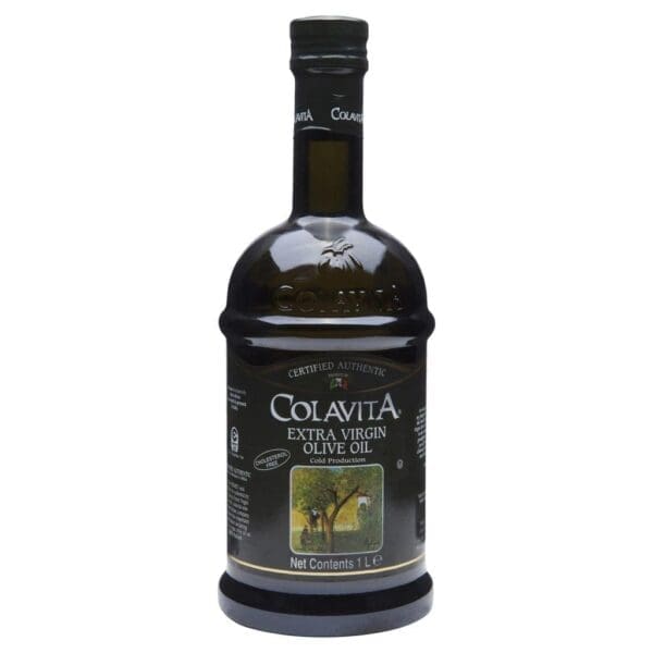 Dark green Colavita Extra Virgin Olive Oil bottle, 1L, certified authentic, cholesterol-free.