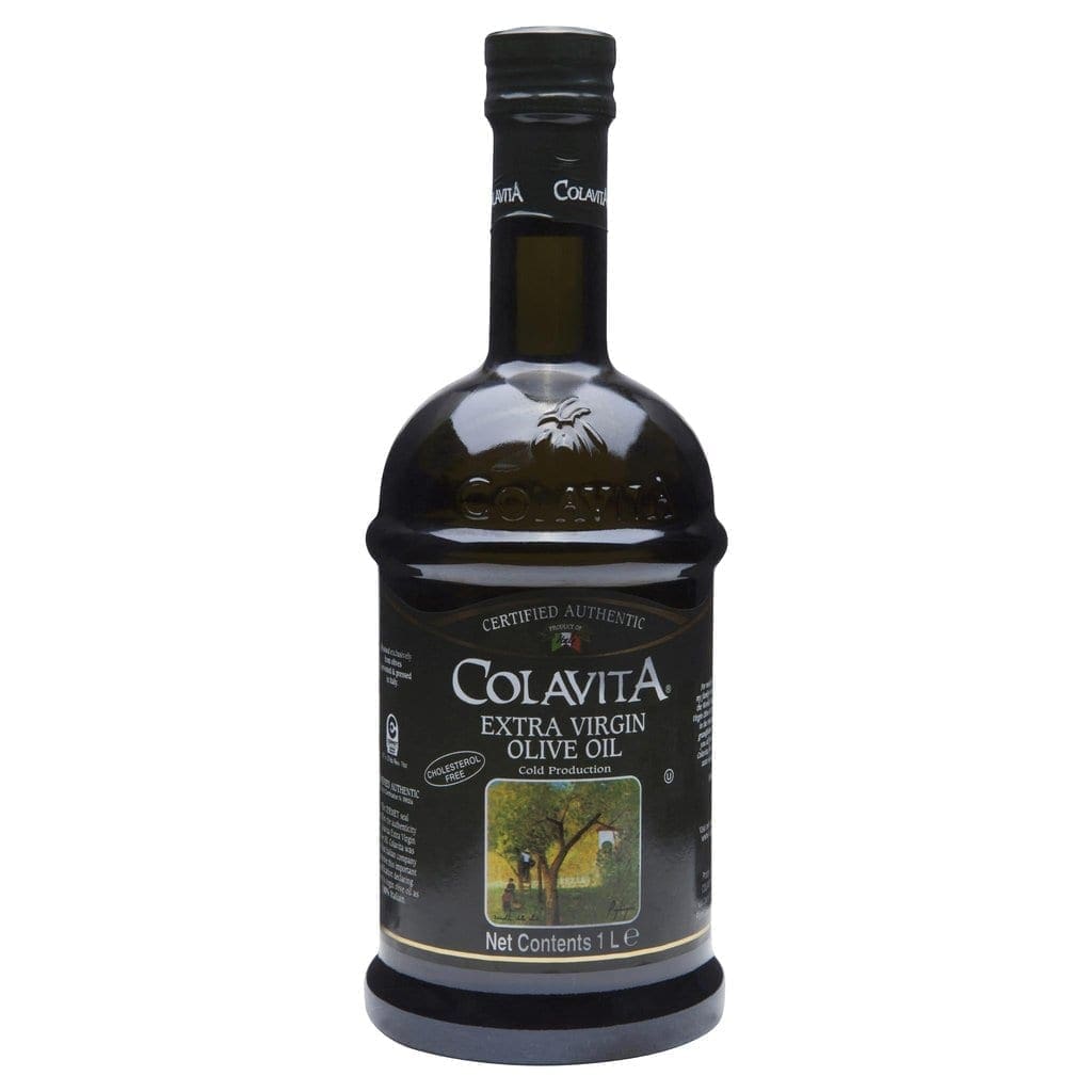Dark green Colavita Extra Virgin Olive Oil bottle, 1L, certified authentic, cholesterol-free.