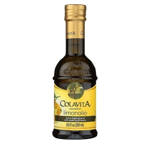 Colavita Limonolio olive oil with lemon essence, 8.5 fl oz, yellow label, lemon design.
