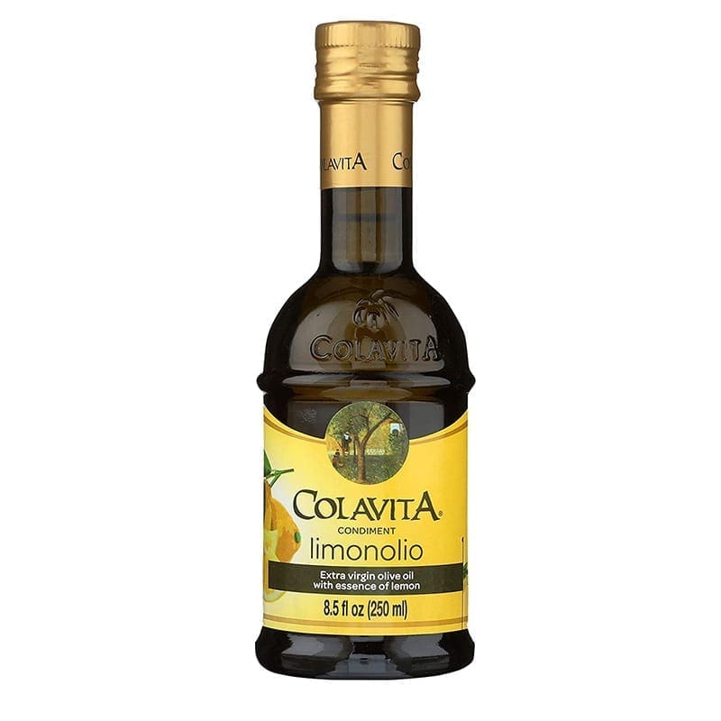 Colavita Limonolio olive oil with lemon essence, 8.5 fl oz, yellow label, lemon design.