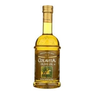 Clear glass bottle of Colavita olive oil with label; product of Italy, 500 ml.
