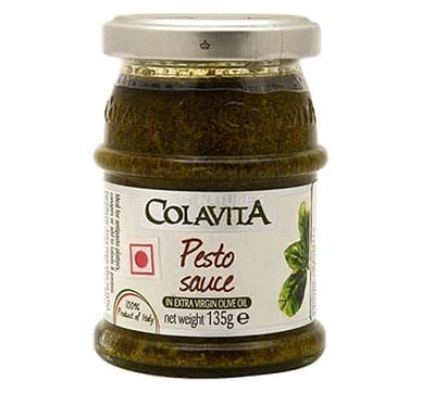 Jar of Colavita pesto sauce, 135g, made with extra virgin olive oil, labeled with basil image.
