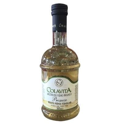 Colavita Prosecco white wine vinegar bottle, 500 ml, Italian product, clear design, black cap.
