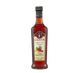 Colavita red wine vinegar bottle with gold label and black cap featuring grape images.