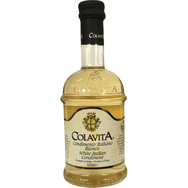 Clear glass bottle of Colavita White Italian Condiment, 500ml, with black cap and label.