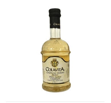 Colavita White Italian Condiment bottle with clear glass, golden liquid, black cap, ornate design.