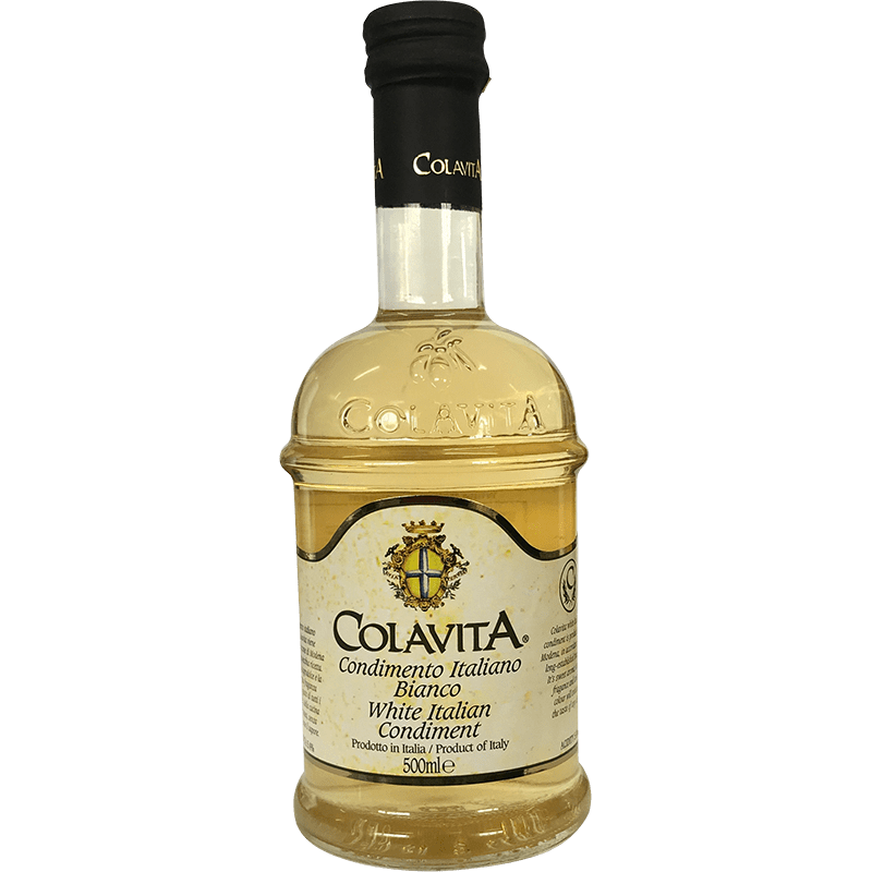 Clear glass bottle of Colavita White Italian Condiment, 500ml, with black cap and label.