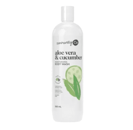 500 ml Community Co moisturizing body wash with aloe vera and cucumber illustration.
