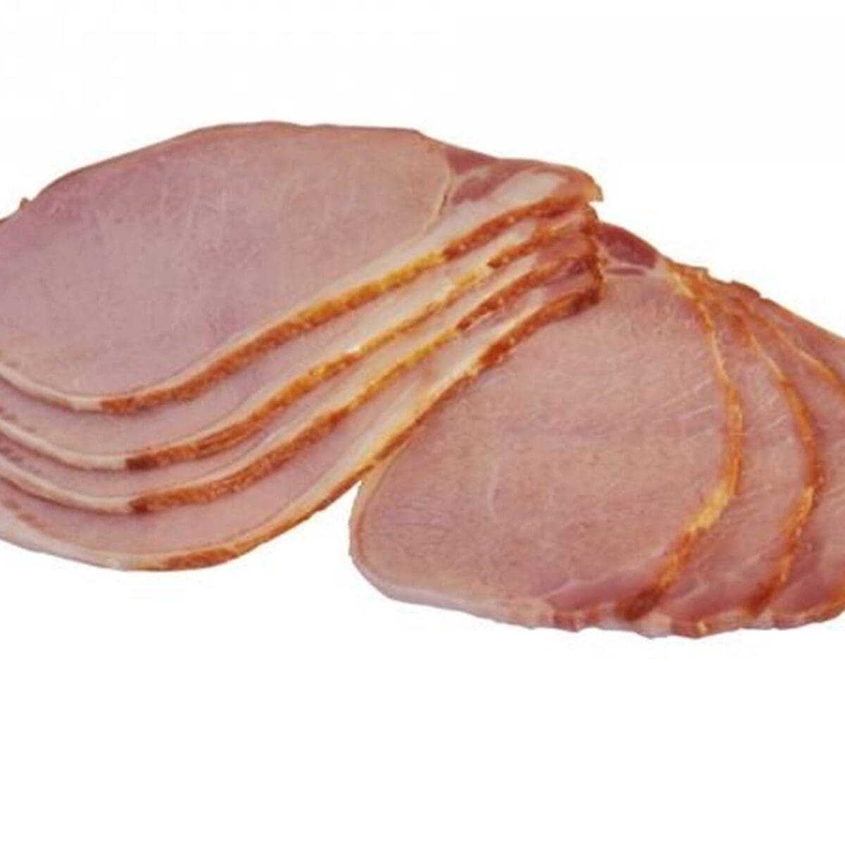 Slices of cooked ham arranged in a fanned-out pattern on a white surface.