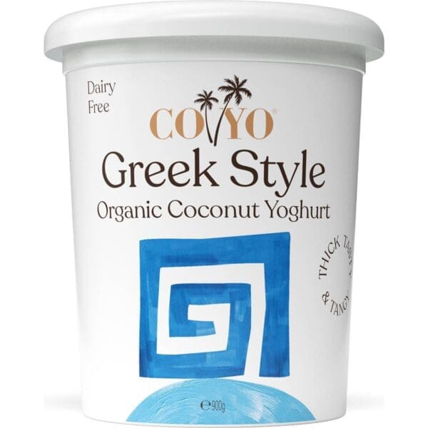 COYO Greek style organic coconut yoghurt, 900g, blue geometric design, dairy-free.
