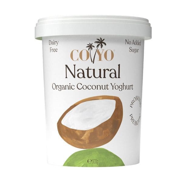 COYO Natural Organic Coconut Yoghurt, dairy-free, no added sugar, 500g, coconut design.