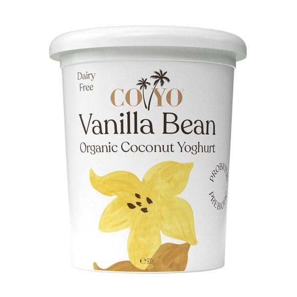 Container of COYO Vanilla Bean Organic Coconut Yoghurt, dairy-free, with probiotic benefits.