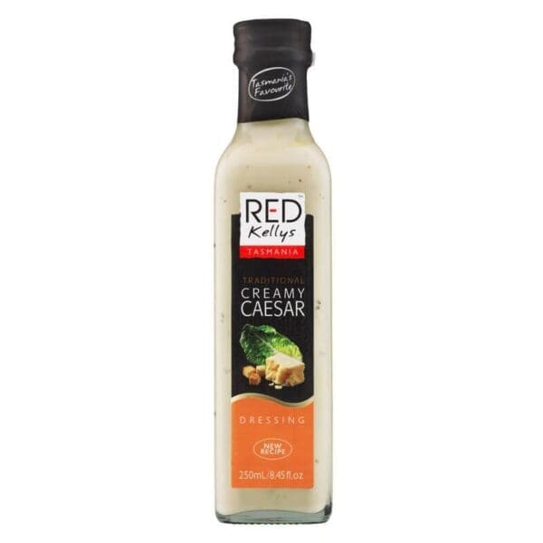 250ml Red Kellys Tasmania Creamy Caesar dressing, black cap, lettuce, and croutons on label.