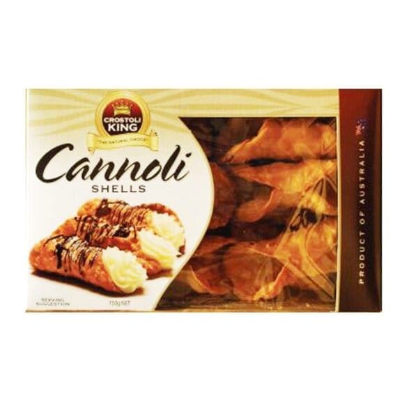 Package of Crostoli King cannoli shells, brown/yellow, with filled cannoli image, Australia.
