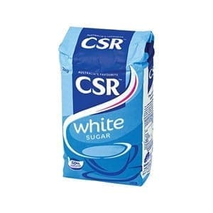 CSR 2kg white sugar package, blue with white text and teacup graphic.