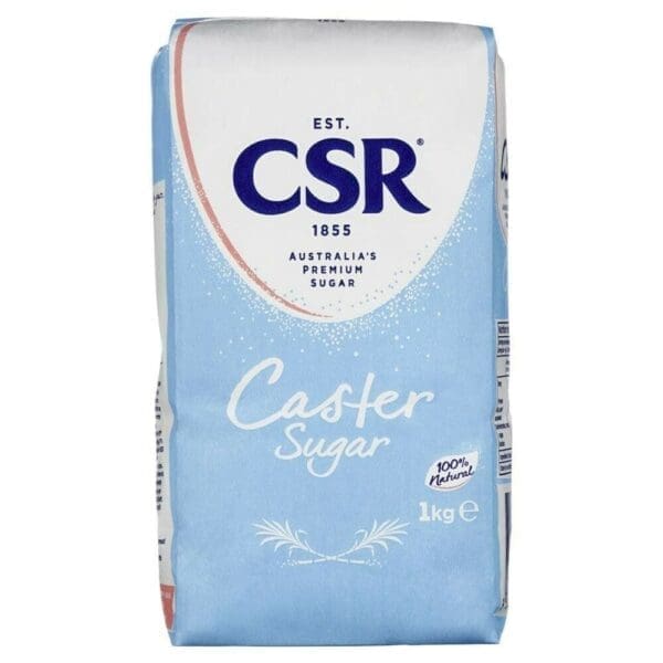 1 kg CSR Caster Sugar package, Australia's premium, blue and white design, 100% natural.