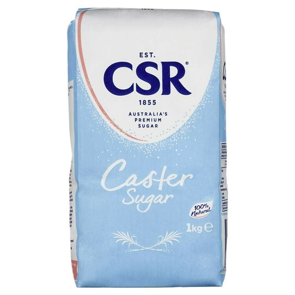 1 kg CSR Caster Sugar package, Australia's premium, blue and white design, 100% natural.