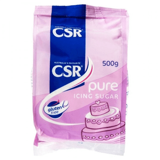 CSR Pure Icing Sugar 500g package, pink and blue, cake illustration, gluten-free label.