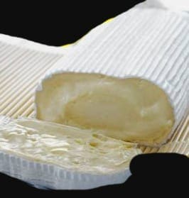 Cylindrical block of soft cheese with white rind, partially cut, on woven surface.