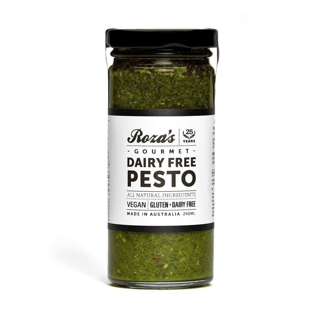 Jar of dairy-free pesto, Roza's Gourmet, vegan, gluten-free, 240ml, made in Australia.