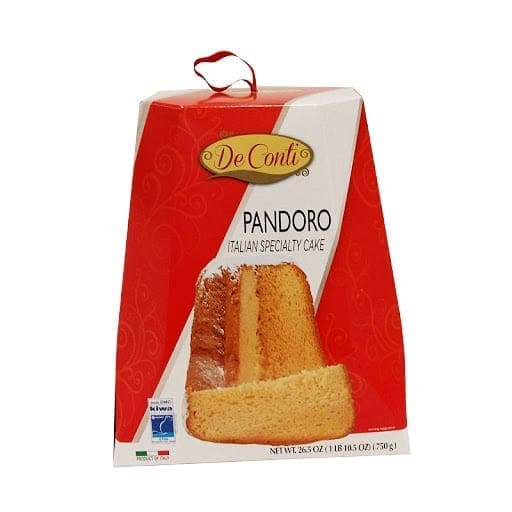 Red and white box of De Conti Pandoro cake, 26.5 oz, with Italian flag illustration.