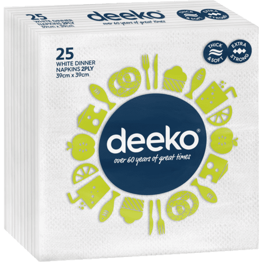 Pack of 25 Deeko white dinner napkins, 39cm, thick, soft, strong, utensil design.