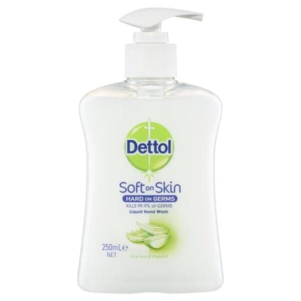 250ml Dettol hand wash, soft on skin, kills 99.9% of germs, contains aloe vera and vitamin E.