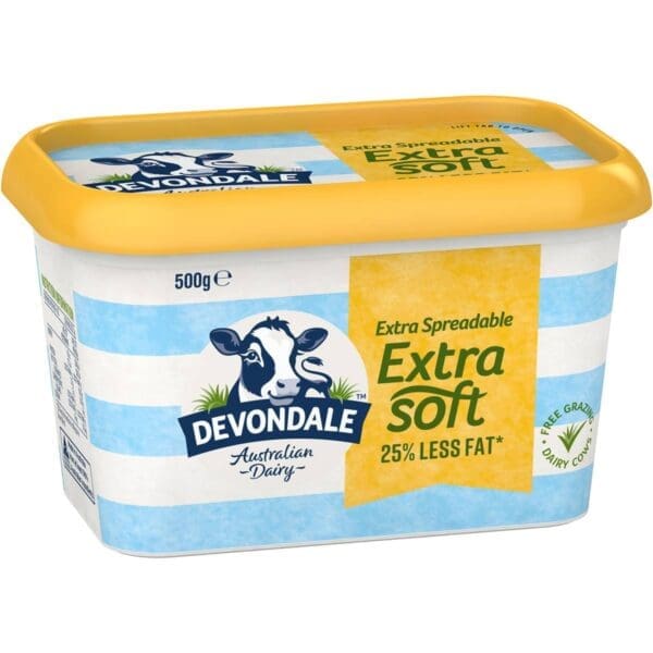 Devondale Extra Soft spreadable, 500g tub, blue-white, yellow lid, 25% less fat, Australian dairy.
