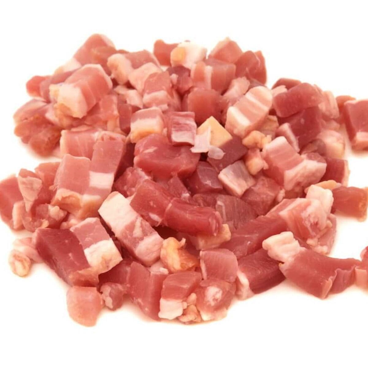 Small diced bacon pieces, uncooked, showing pink meat and white fat on a white background.