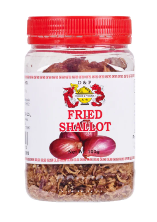 Plastic jar with red lid of fried shallots, D&P brand, dragon and phoenix label, 100g.