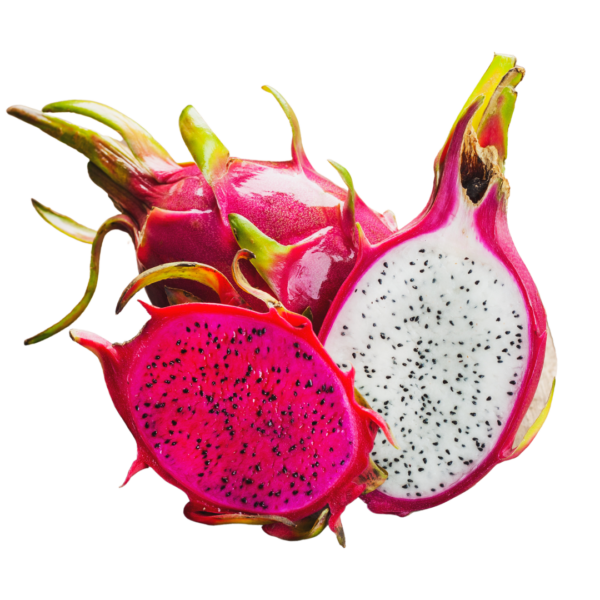 Dragon fruit halves with pink and white flesh, speckled with seeds, and bright pink skin.