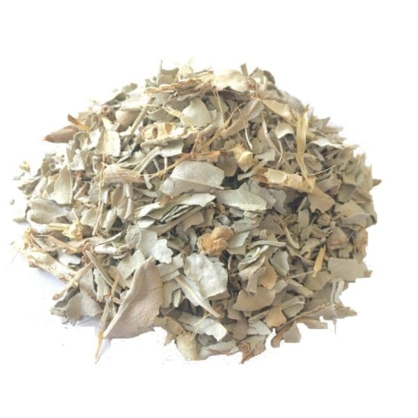 Pile of muted green, dried eucalyptus leaves and stems for herbal use.