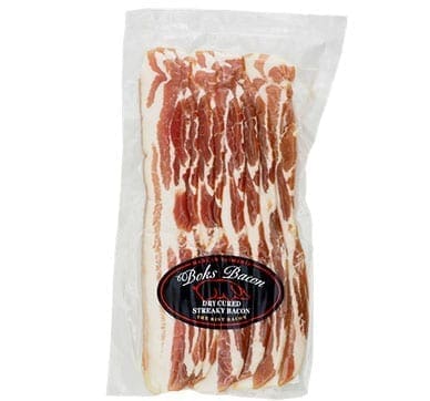 Package of dry cured streaky bacon in clear plastic; marbled red and white slices visible.