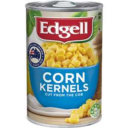 Edgell can of corn kernels with Australian-grown logo and bright yellow corn imagery.