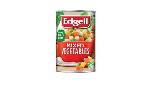 Edgell Mixed Vegetables can, featuring peas, carrots, corn, 420g, emphasizes gut health benefits.