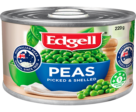 Edgell peas can, 220g, Australian origin, blue bowl, Health Star Rating 5.