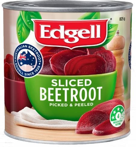 Edgell sliced beetroot can, 825g, with health rating 4/5 and beetroot slices on label.