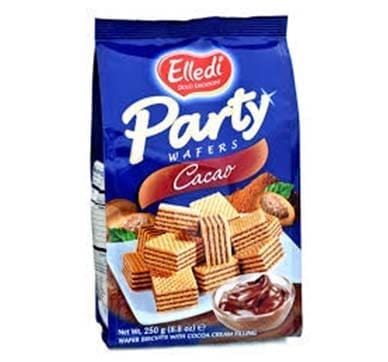 Blue Elledi Party Wafers package, cacao flavor, 250g, with images of wafers and cocoa.
