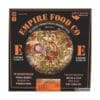 Empire Food Co pizza packaging with circular window showing toppings, woodfired base, gourmet.
