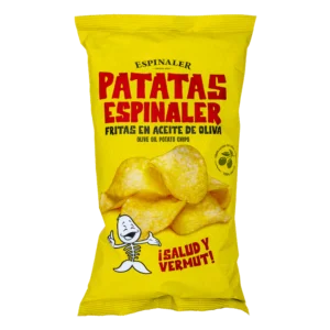 Espinaler olive oil potato chips package with red, black text, chips, olive image, cartoon.