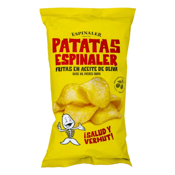 Espinaler olive oil potato chips package with red, black text, chips, olive image, cartoon.