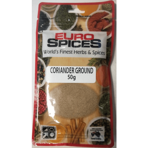 Euro Spices coriander ground, 50g resealable pouch with herbs and spices images.